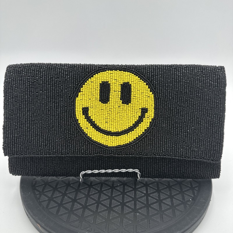 Beaded Smiley Face Clutch Purse Black Beads With Gold Chain Strap