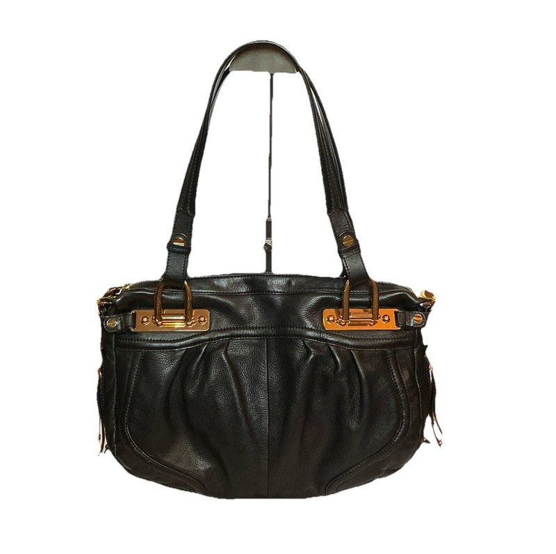 B. Markowsky Black Leather Shoulder Tote Handbag Gold Accents, Large 14x10x3