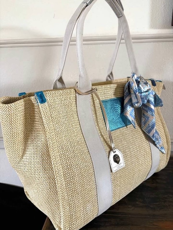 Kurt Geiger London Southbank Large Raffia Scarf Shopper Tote Bag Beige-NWT gallery