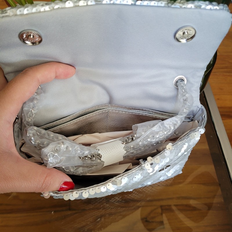 Nicole Miller Silver Sequin Handbag Chevron Quilted Crossbody Purse Evening Bag gallery