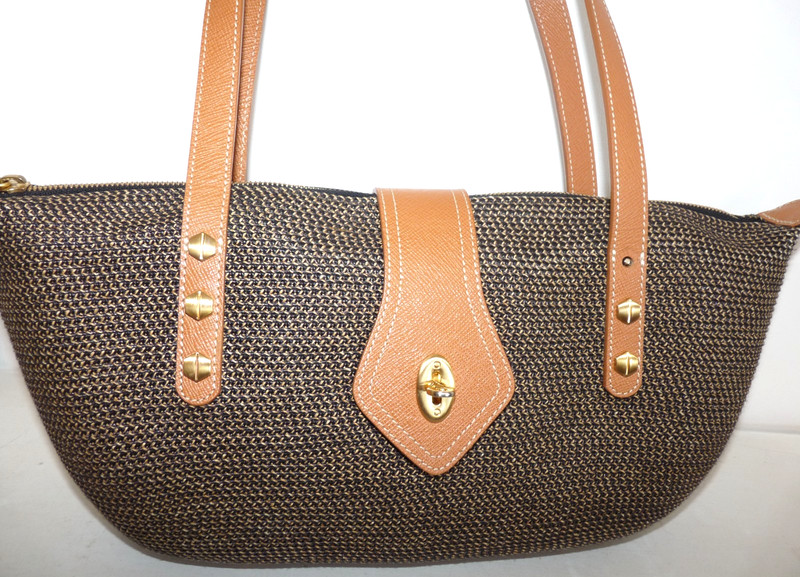 Eric Javits Squishee Black &Tan Straw Shoulder Bag Handbag - 14" x 7" & Mirror gallery