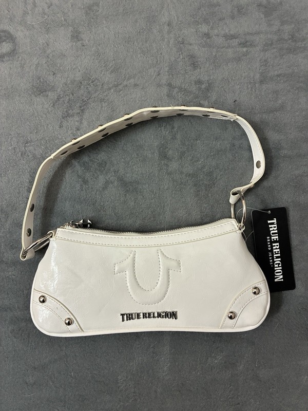 True Religion Small White Shoulder Bag Studded Logo Zip Adjustable Strap