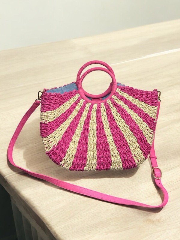 TALBOTS Leather Circle Handle 100% Paper Straw Pink Tote Purse Summer Bag