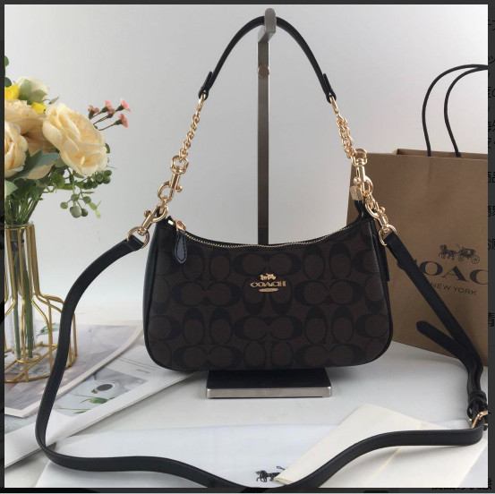 COACH CA548 Teri Shoulder Bag Signature Coated Canvas Black Brown Outlet New SMM