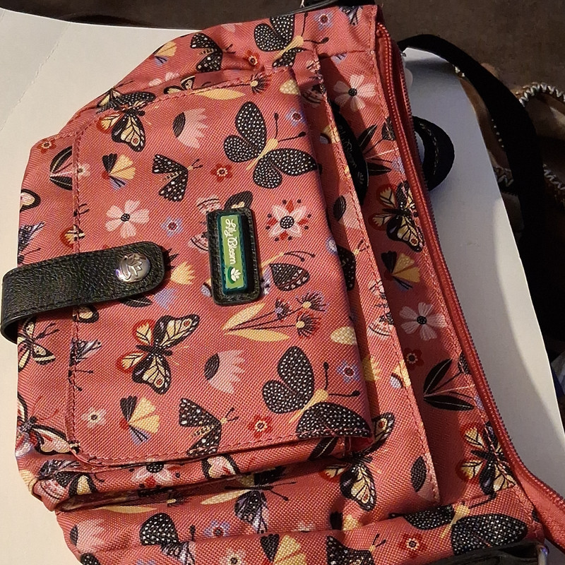 Lily Bloom Butterfly Shoulder Bag Pink Multicolor Black Strap Zip Button Accent
