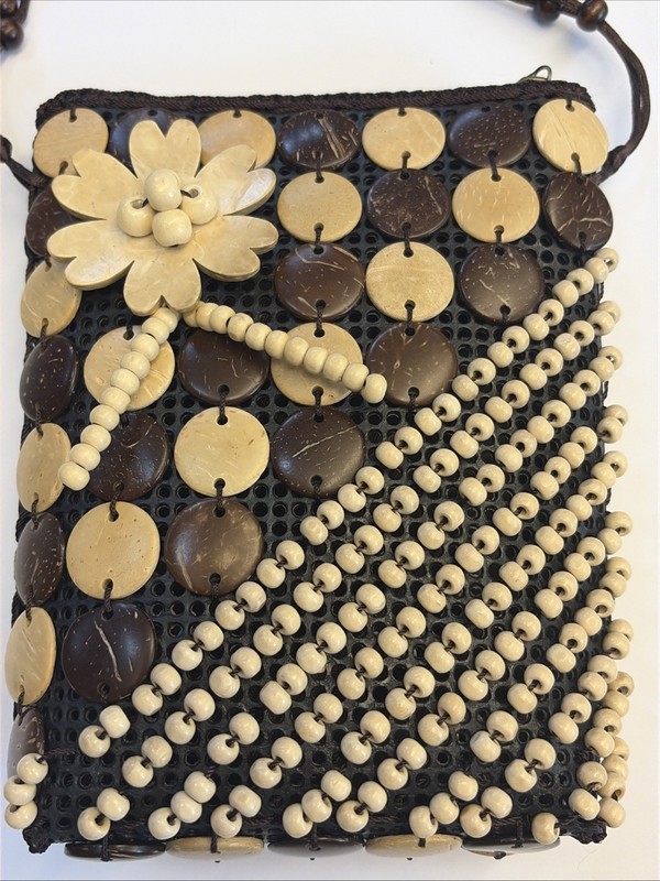 NEW BROWN BEADED CROSSBODY BAG FLOWER DESIGN ON FRONT W/ BEADS ON LONG STRAPS