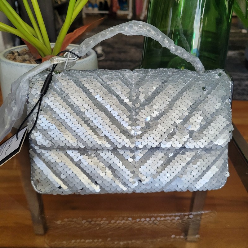 Nicole Miller Silver Sequin Handbag Chevron Quilted Crossbody Purse Evening Bag gallery