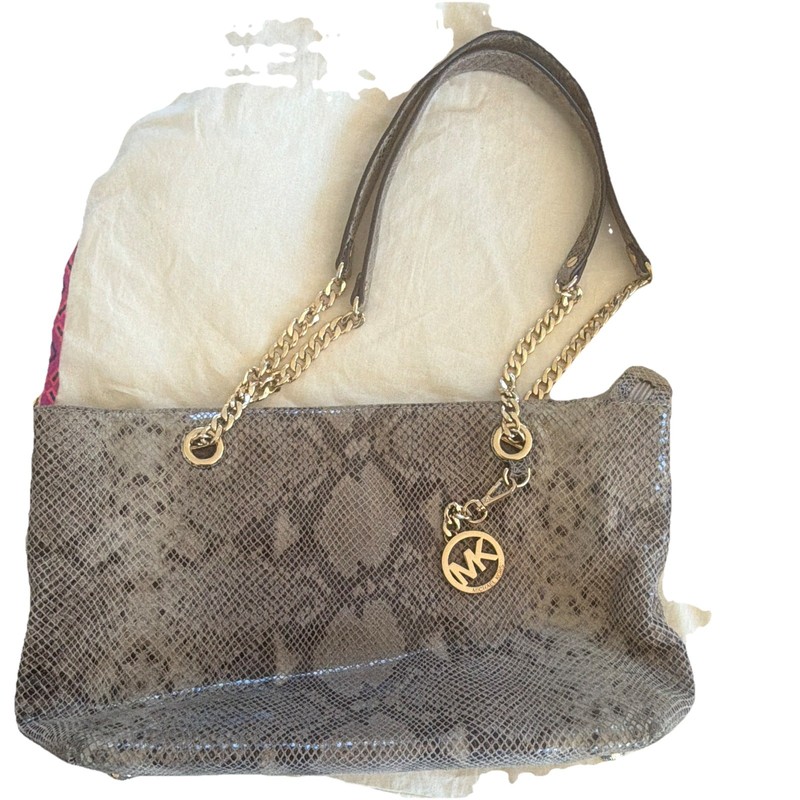 Michael Kors Gray Animal Print Embossed Large Shoulder Bag Zip Gold Chain Charm