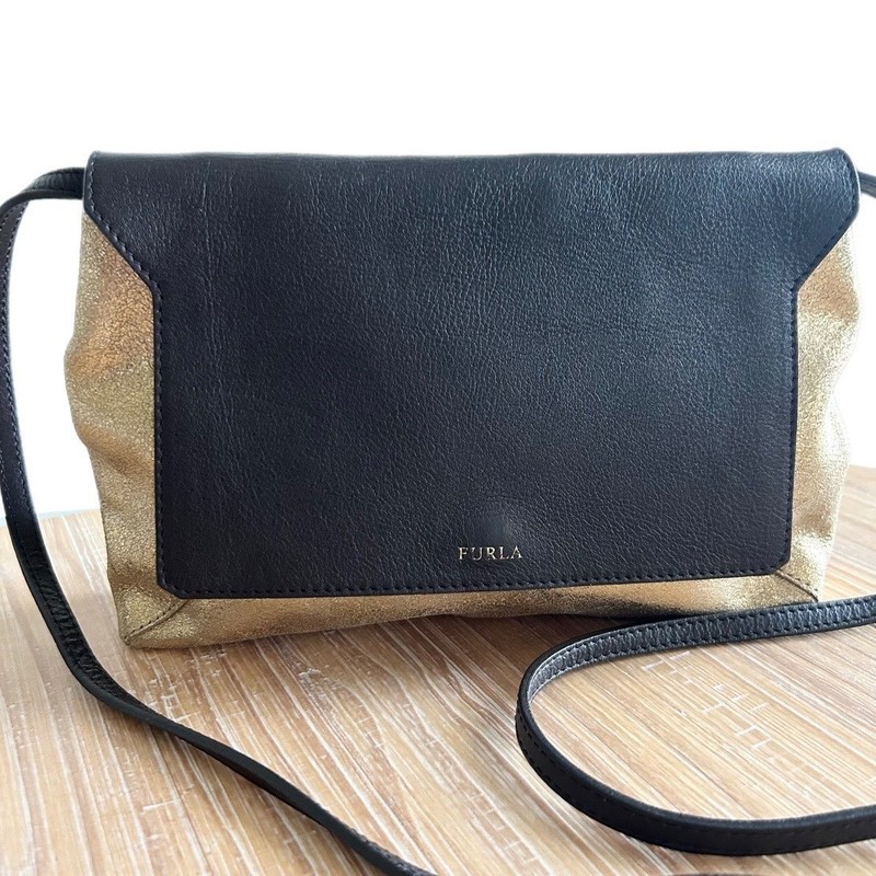 NEW Furla Black and Gold Metallic Leather Crossbody Flap Bag Colorblock Italian gallery