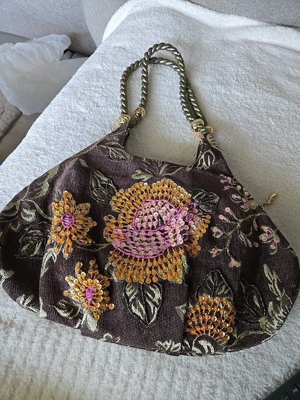 Vintage Boho Embroidered Floral Sequin Hobo Bag Brown Velvet Rope Handle Shabby