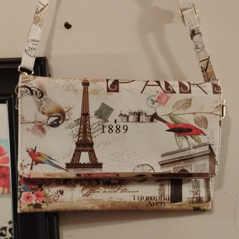 Paris Print Multicolor Shoulder Bag with Birds, Flowers, Magnetic Closure