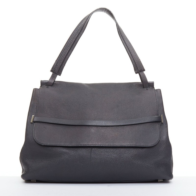 THE ROW Top Handle 14 black pebble leather loop through flap shoulder bag