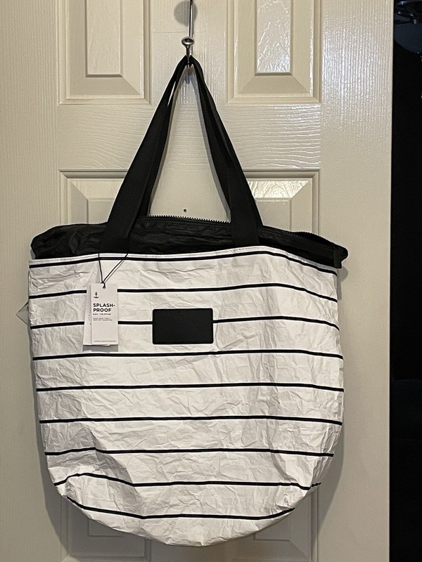 ALOHA Collection Pinstripe Day Tripper Tote Bag Black White Splash-Proof NEW