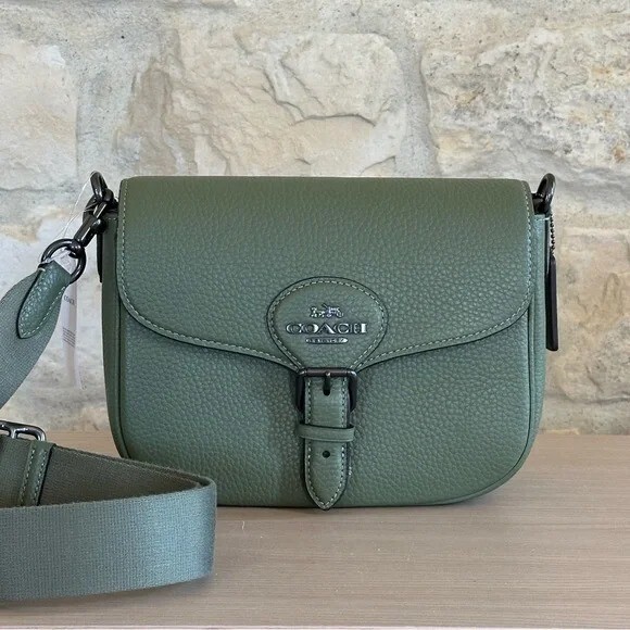 Coach Amelia Saddle Crossbody Small Bag Pocket Pebble Leather Military Green NWT