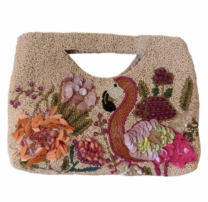 Handmade Beaded Embroidered Sequined Flamingo Floral Top Handle Clutch w/ Chain