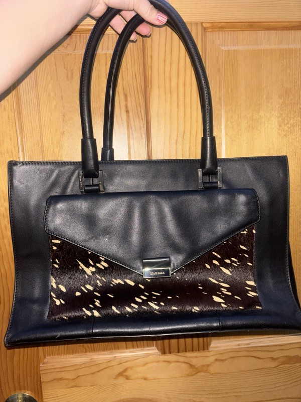 Cole Haan Black Satchel Top Handle Bag Animal Print Front Snap Closure