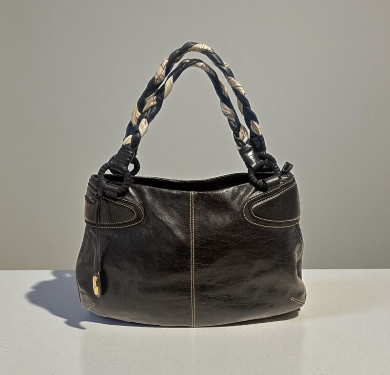 Francesco Biasia Braided Handle Hobo Black Glazed Leather Shoulder Bag Boho