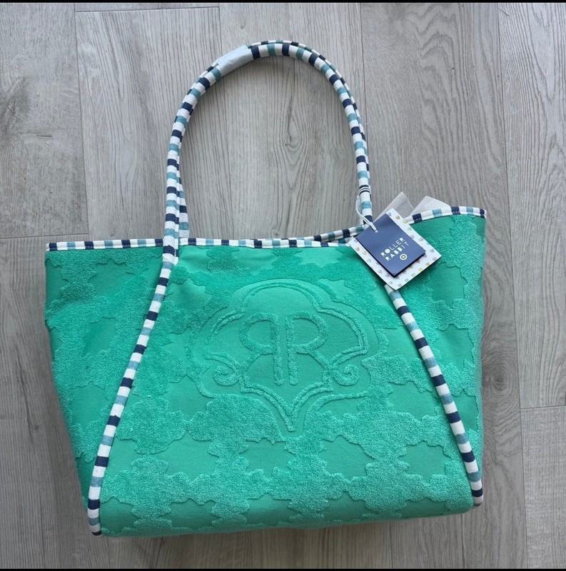 Roller Rabbit Geo Star beach terry large Green Tote Bag Embossed Logo Striped