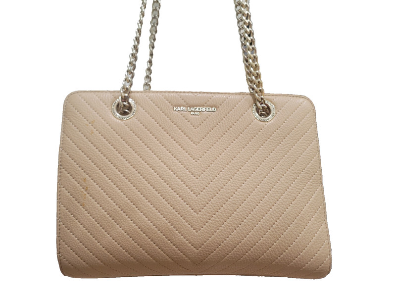 Karl Lagerfeld Paris Charlotte Chevron Quilted Leather Shoulder Tote Bag – Beige