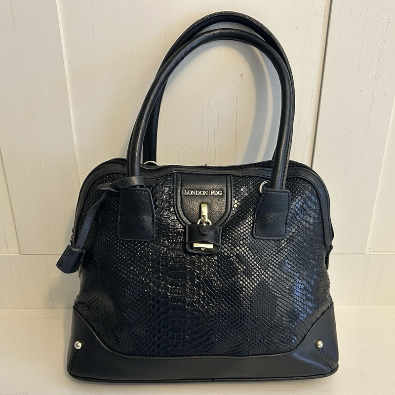 London Fog Black Embossed Medium Satchel Zip Turn Lock Gold Hardware