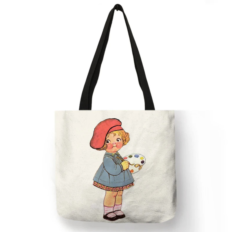13×13 80’s Vintage Dolly Dingle Learns to Paint Linen Tote Shoulder Library Bag