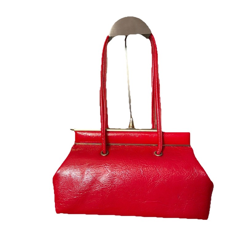 Double Handle Kiss Closure Textured Vinyl 1950s Bright Red Purse Handbag gallery