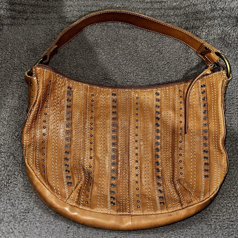Vintage Fossil Light Brown Leather Hobo Patchwork Eyelet Shoulder Bag Purse
