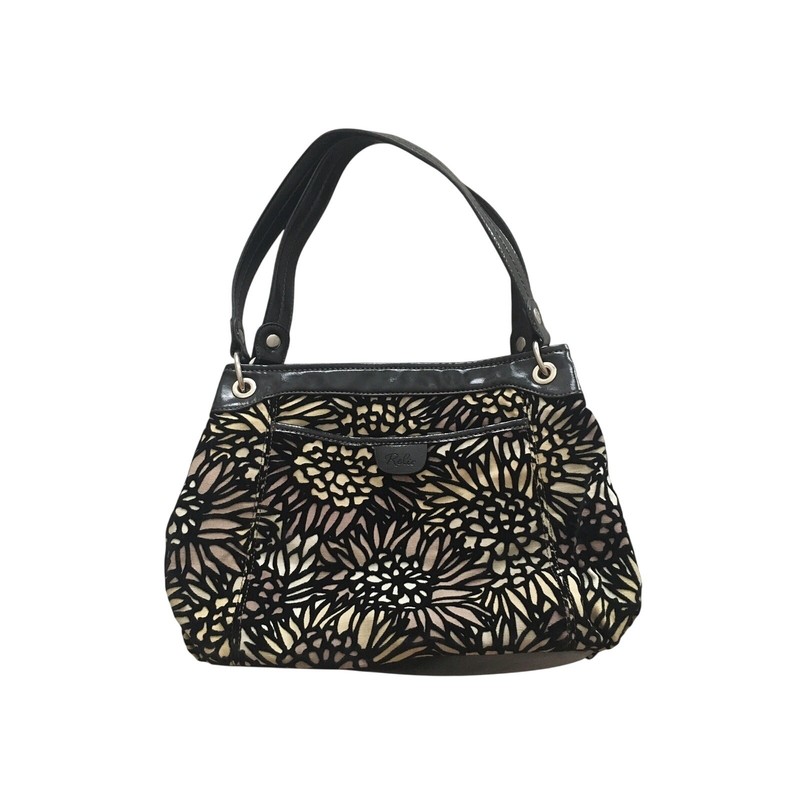 Relic Purse Black Leather and Velvet Outlines Floral Green Tan Purple Hand Bag