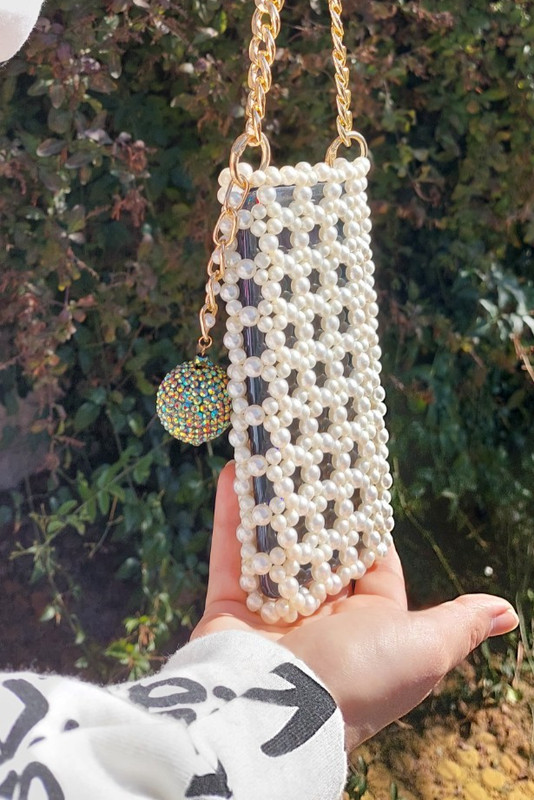 Handmade Pearl Beaded Cell Phone Bag with Gold Chain, Mobile Phone Bag Crossbody gallery