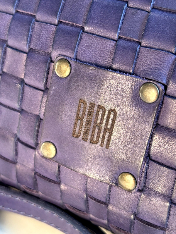 Biba Purple Leather Crossbody Handbag Pockets Cotton Lined Made in Spain 11"W gallery