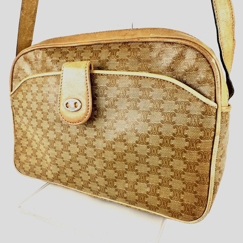 CELINE Vintage Triomphe Macadam PVC Leather Cross Body Shoulder Bag Brown Auth