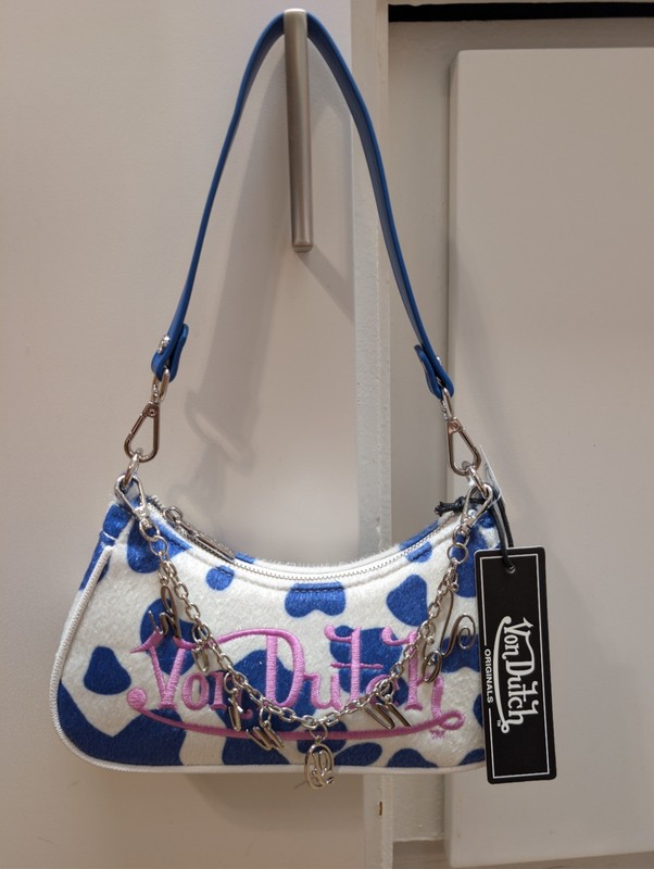 Von Dutch Vegan Pony Hair Blue Cow Print Shoulder Bag W/Charms NEW
