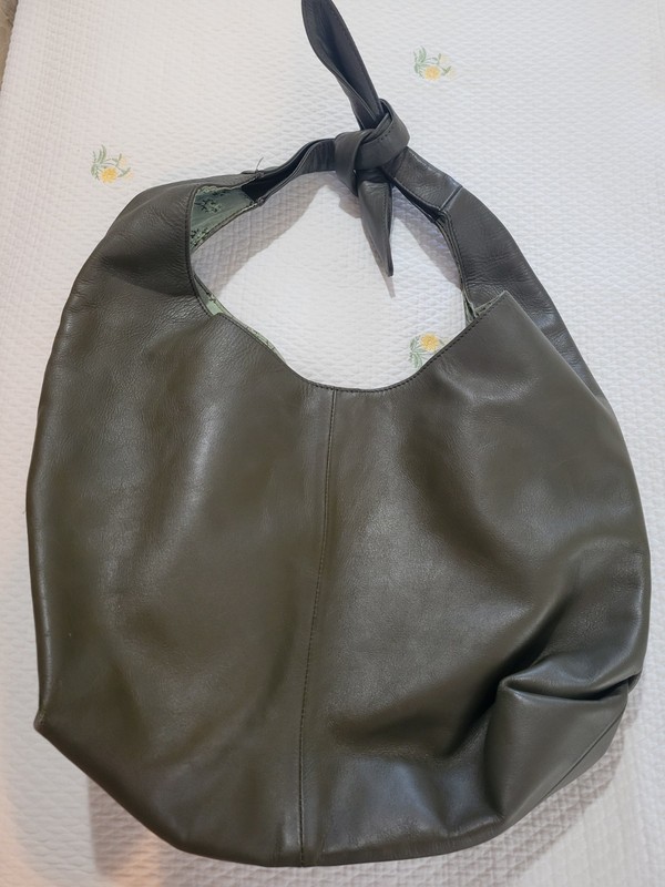 Olive/Army Green Tie Strap Leather Tote Bag with magnetic button closure. gallery
