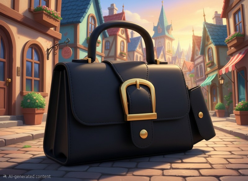 Black Satchel Bag with Gold Buckle, Chain Accents, and Coin Purse