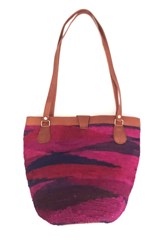 NEW Bright Handwoven Sisal Shigra Ecuador Shoulder Tote Brown Leather Straps gallery