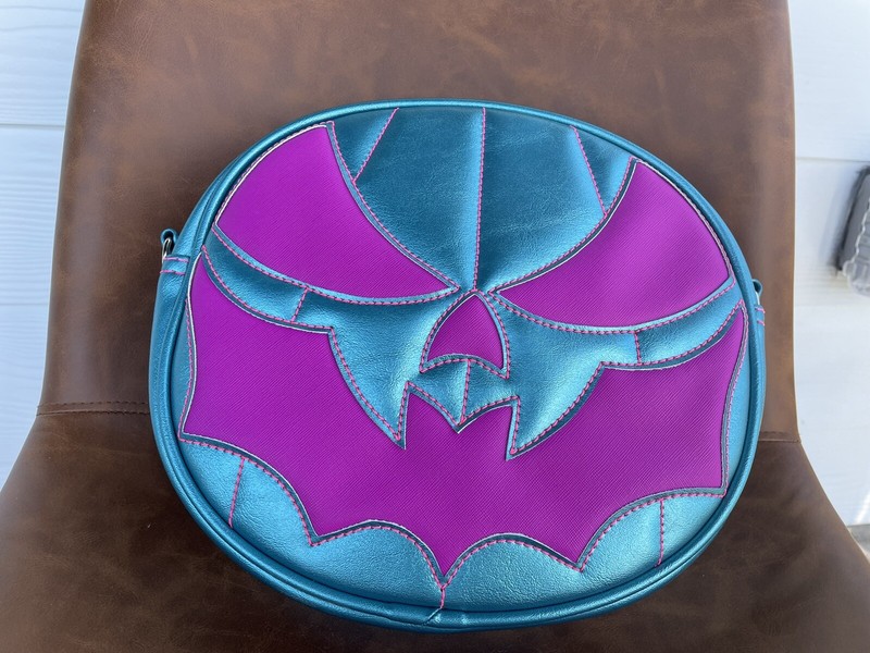 Love Pain & Stitches Handcrafted Metallic Blue Bag with hot pink bat mouth