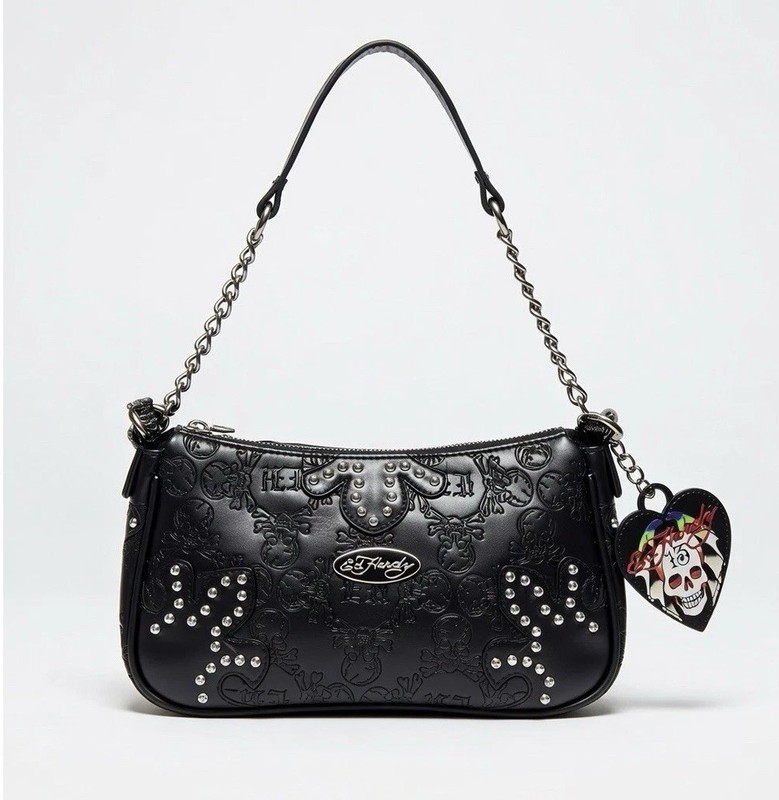 Ed Hardy Baguette Black Leather Shoulder & CrossBody Bag Multi Goth Style Charms