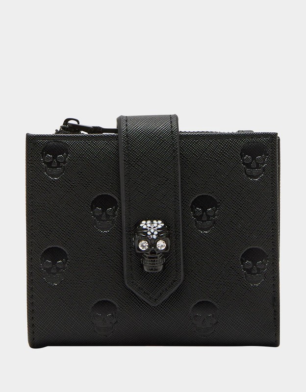 Betsey Johnson Kitsch Skulliciouis Skull Embossed BI-fold Wallet Blk Fx Leather