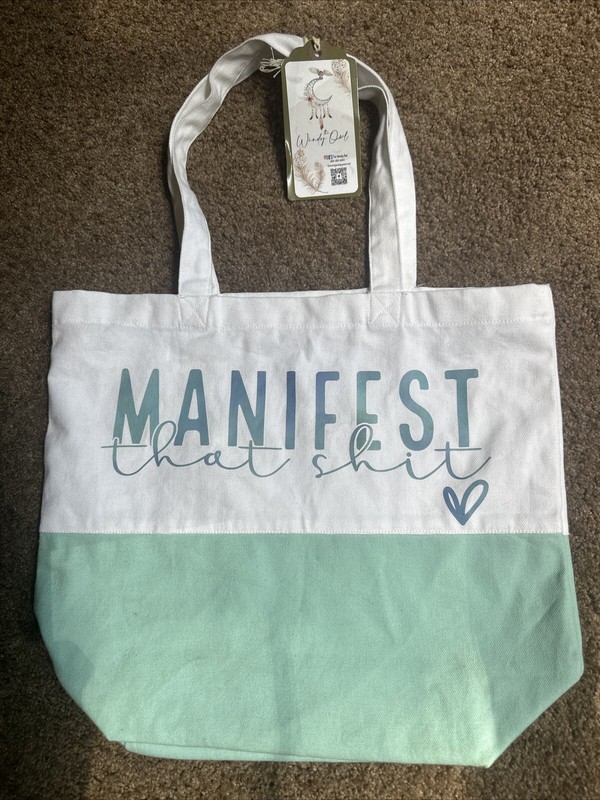 NEW Manifest That …..light Cotton Tote Bag Logo Teal And White Cute Bag