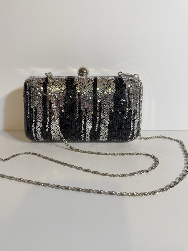Tasha Silver Evening Clutch Coctail Hard Shell Black Sequins Icicles Purse