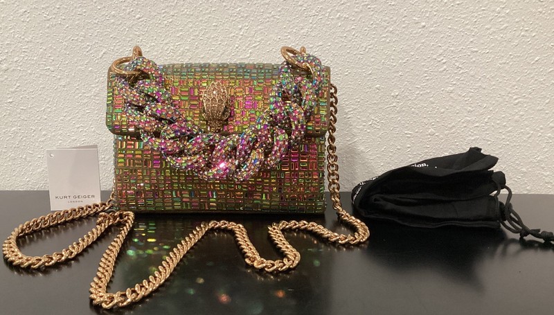 Kurt Geiger Mini Kensington 2 Chains Iridescent Crystals Metallic Fabric 8"x5.5" gallery