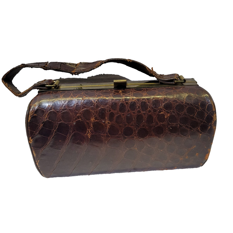 Crocodile Box Handbag Brown Structured 9in Vintage