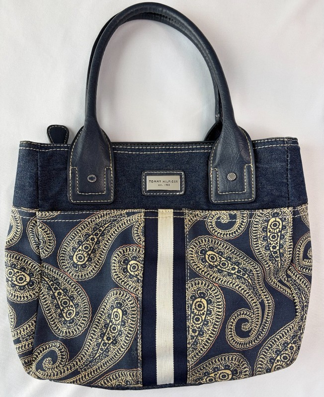 Tommy Hilfiger Blue Denim and Paisley Print Fabric Central Striped Detail Purse