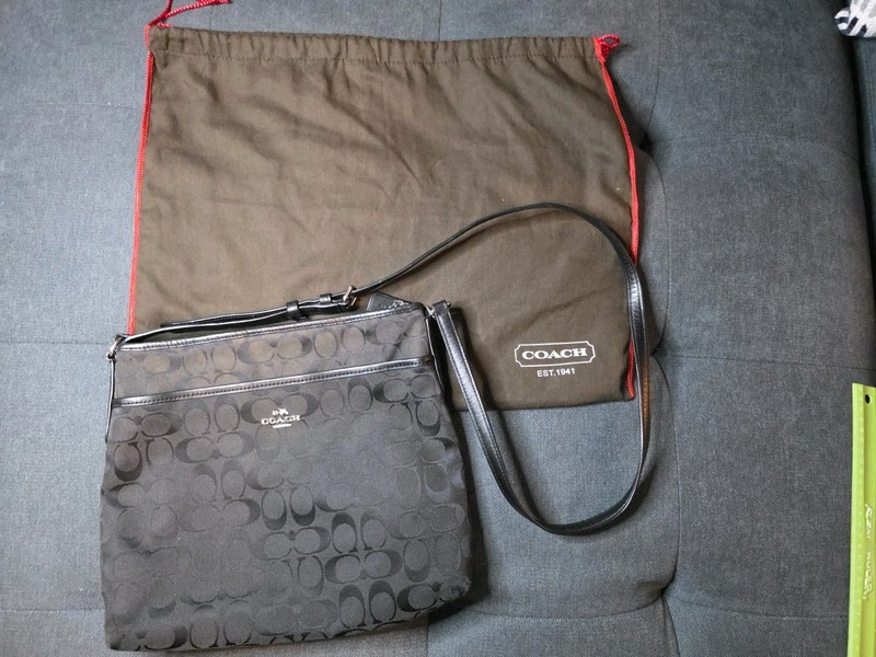Coach Purse F36378 12CM Signature File Crossbody Bag Black Fabric Canvas