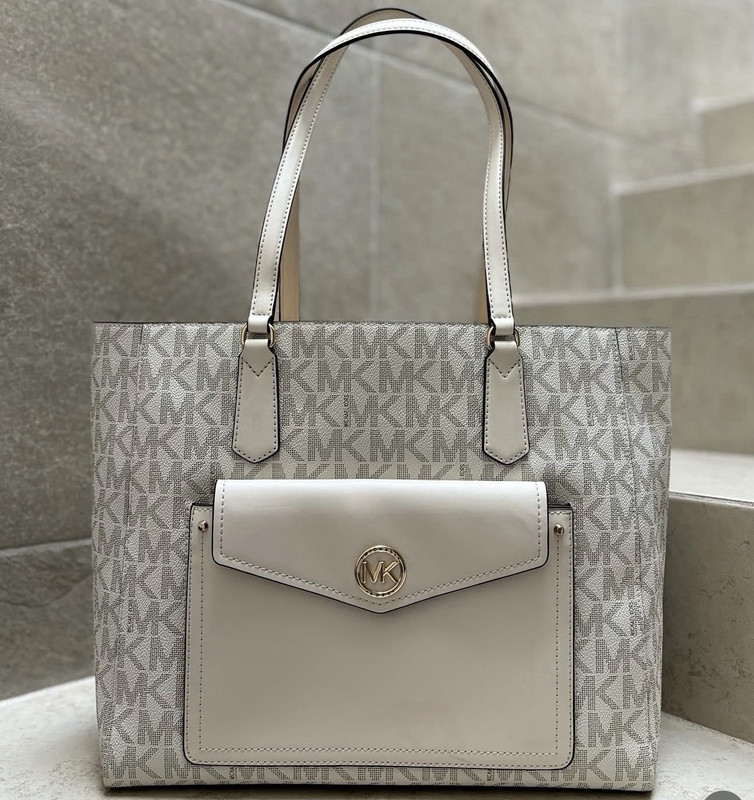 Michael Kors Women’s Beige/White Logo Print Tote Snap Closure Pouch Gold HW