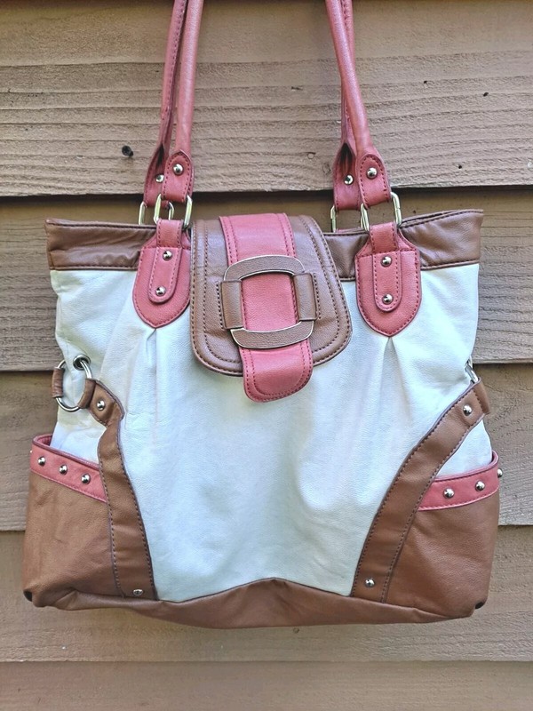 eye catching APT 9 White/Brown/Peach large faux Leather Purse Shoulder Bag nice