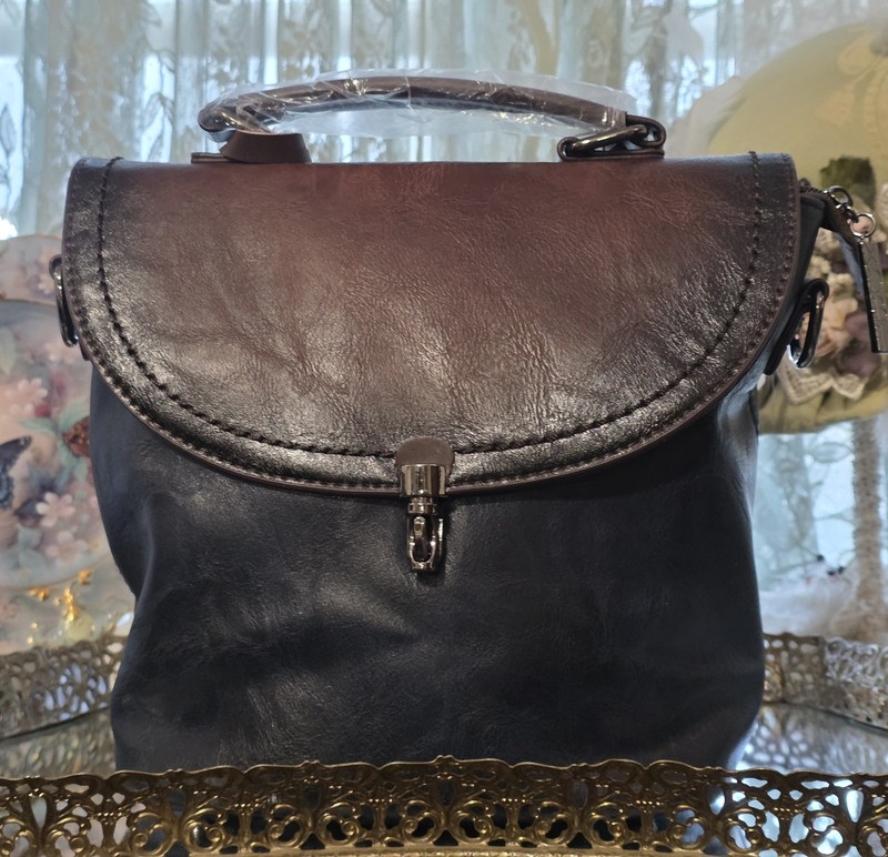 Two Tone Genuine Leather Bullet Bag Br & Blu Hand Or Shoulder Detachable Strap