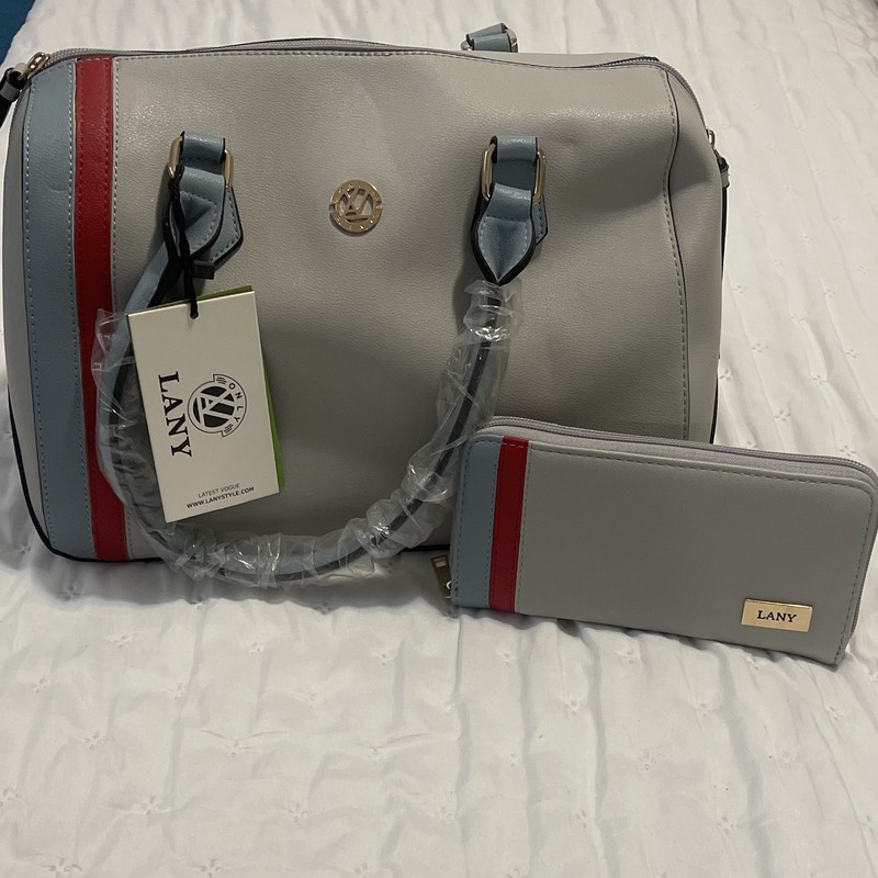 LANY Gray Blue Red Colorblock Medium Satchel Top Handle Zip Gold Hardware Pouch