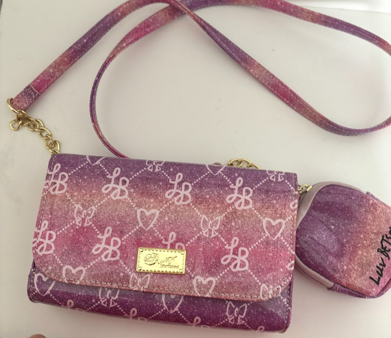 2 Pc LUV BETSEY JOHNSON Pink Purple HEARTS BOWS Clutch SHOULDER BAG Purse FOLEY