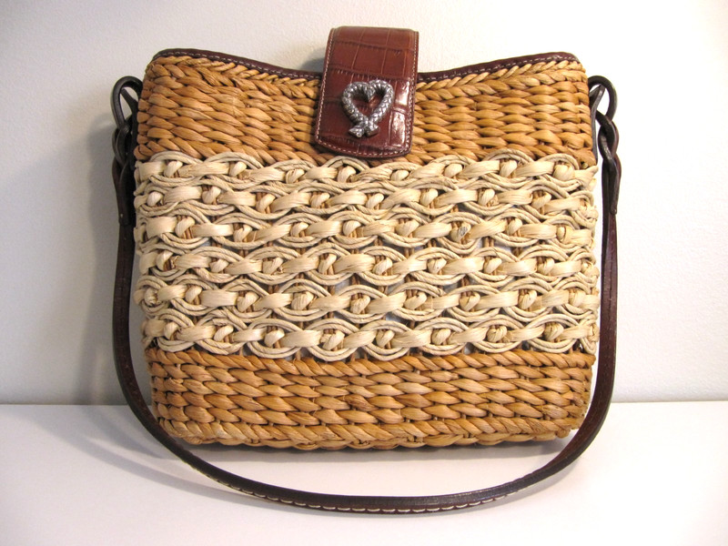 BRIGHTON Sadie Basket Weave Shoulder Bag Purse Brown Leather Trim